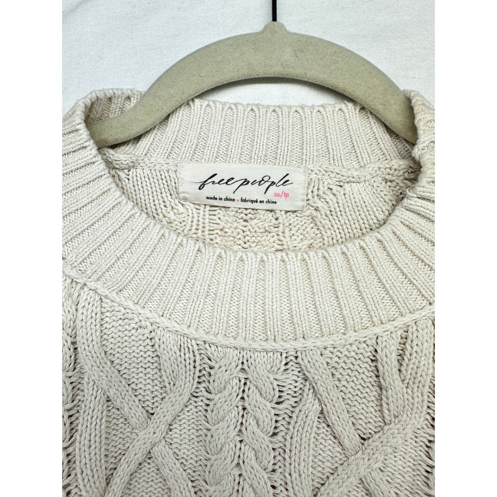 Free People Ashore XS Cream Cable Knit Oversized Cropped Sweater Ivory Crewneck - Picture 4 of 8